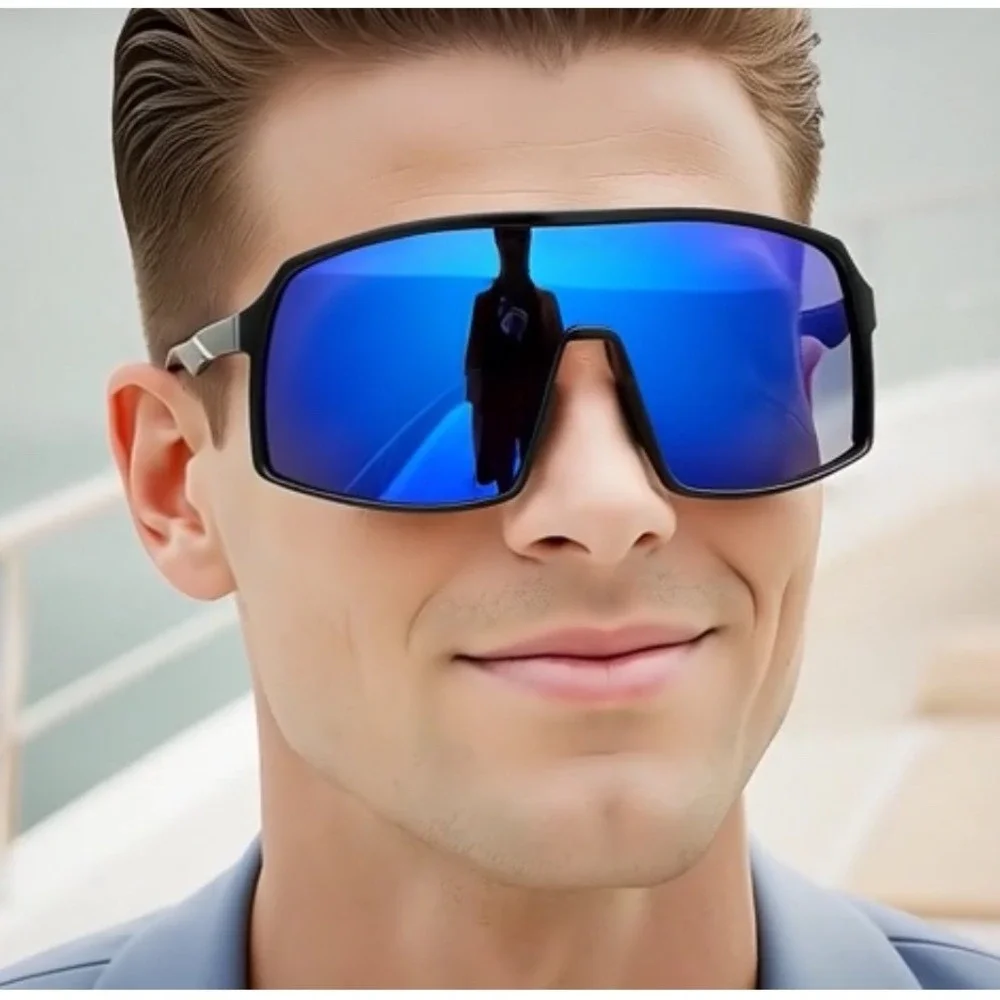 Men Sunglasses Blue Mirror Lens‎ Black Frame Shield Style